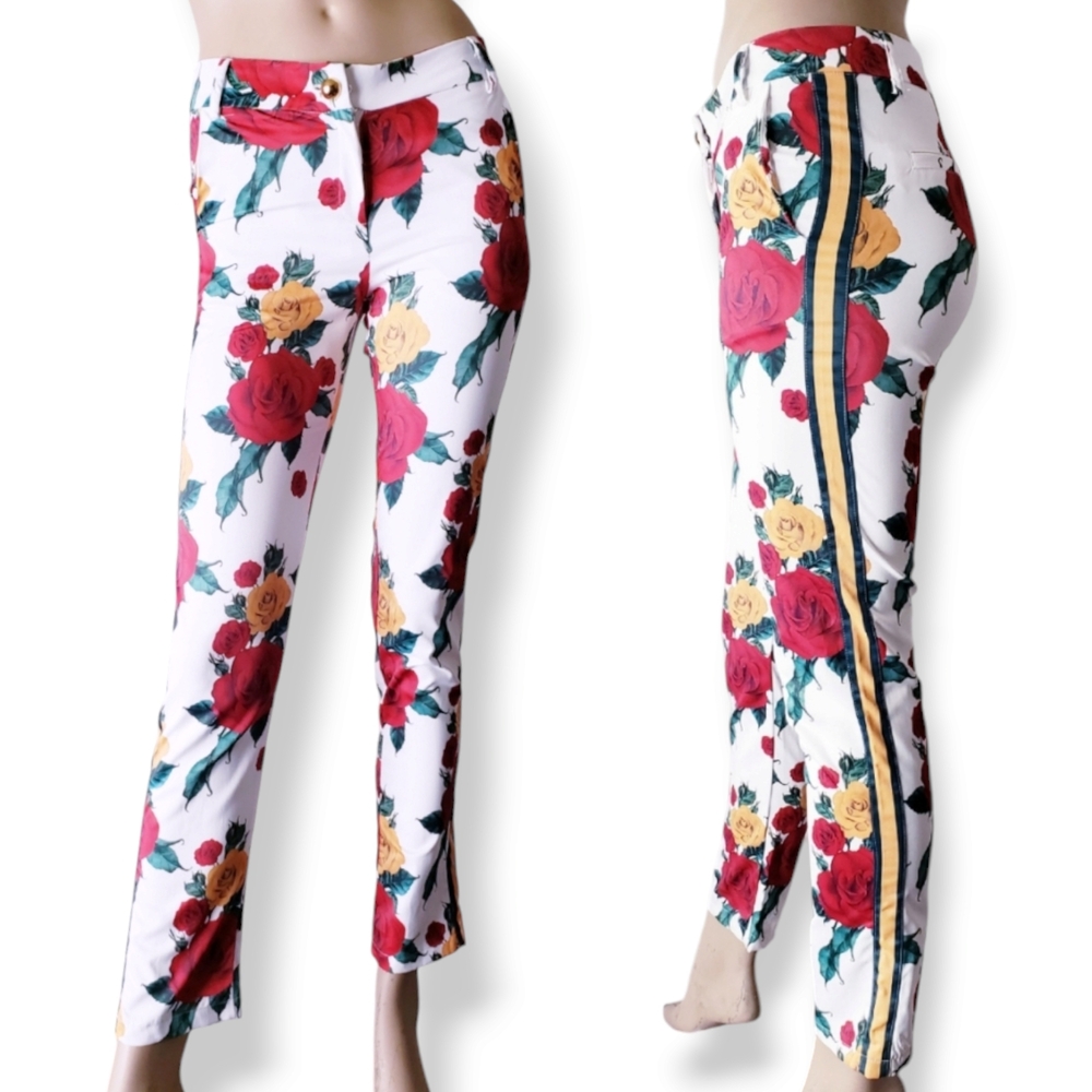 Denimland Italian Inspired Red, Green & Yellow Satin Floral Side Stripe Pants